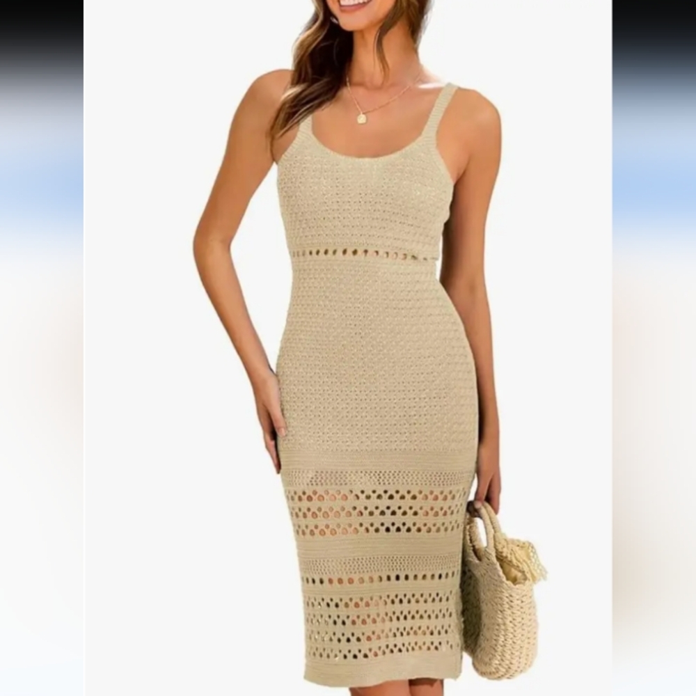 Miholl Crochet Tan Midi Unlined Resort Dress